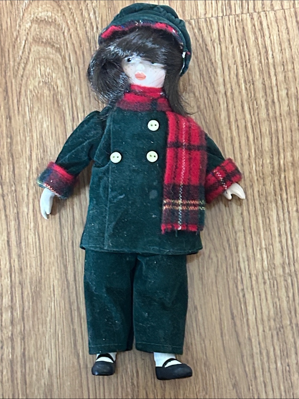Green Velvet Holiday Doll with Red Plaid Scarf - Picture 4 of 4